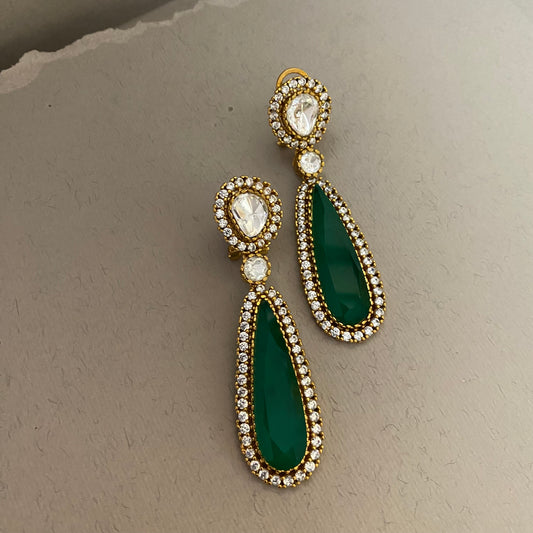 Chahhat Drop Moissanite Polki Earrings In Green
