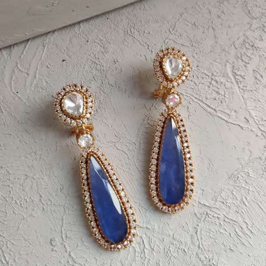 Chahat Drop Moissanite Polki Earrings in Blue