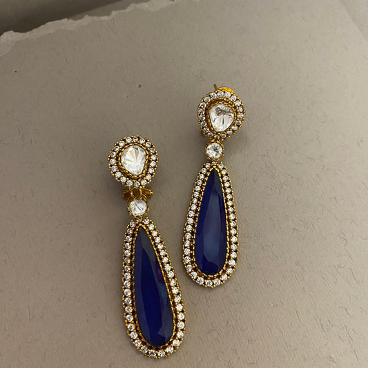Chahat Drop Moissanite Polki Earrings in Blue