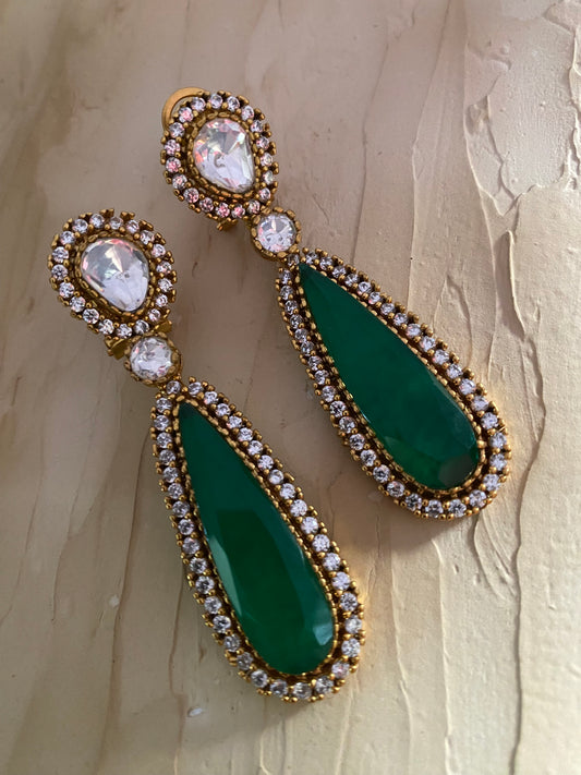 Chahhat Drop Moissanite Polki Earrings In Green